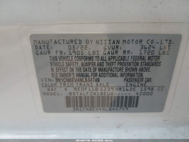 Продажа на аукционе авто 2022 Nissan Versa 1.6 Sv Xtronic Cvt, vin: 3N1CN8EV4NL844749, номер лота: 44971756