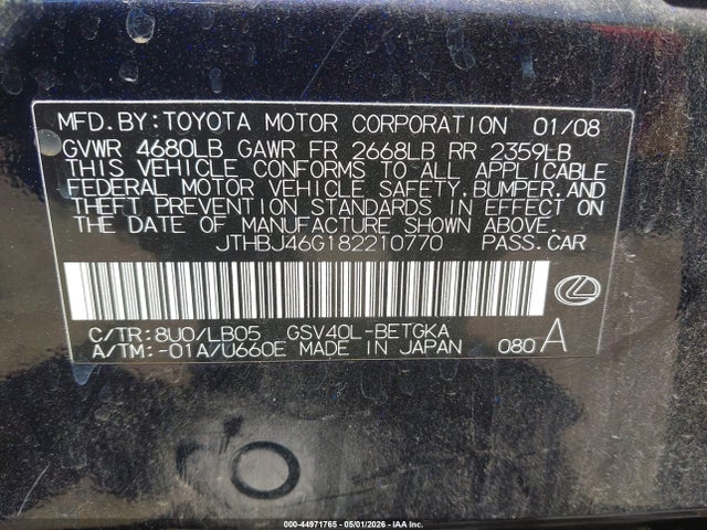 Aukcja sprzedaży 2008 Lexus Es 350, vin: JTHBJ46G182210770, numer aukcji: 44971765