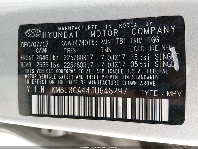 44971769 :رقم المزاد ، KM8J3CA44JU648297 vin ، 2018 Hyundai Tucson Sel مزاد بيع