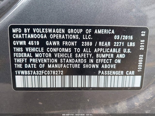 Продаж на аукціоні авто 2015 Volkswagen Passat 1.8t Se, vin: 1VWBS7A32FC078272, номер лоту: 44971781