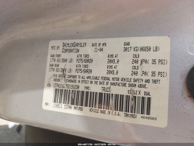 Aukcja sprzedaży 2005 Dodge Ram 1500 Slt/laramie, vin: 1D7HU18D75S191230, numer aukcji: 44971785