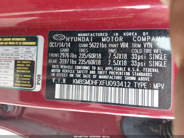 Продаж на аукціоні авто 2015 Hyundai Santa Fe Gls, vin: KM8SMDHFXFU093412, номер лоту: 44971794
