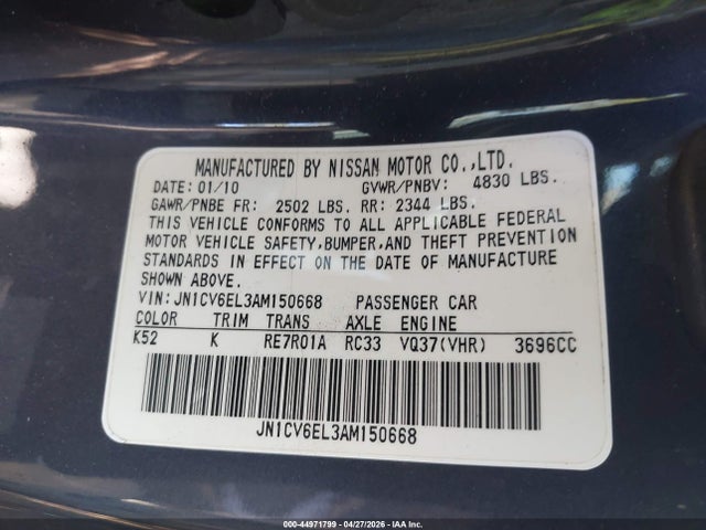 44971799 :رقم المزاد ، JN1CV6EL3AM150668 vin ، 2010 Infiniti G37x مزاد بيع
