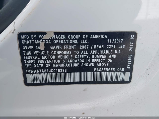 Продаж на аукціоні авто 2018 Volkswagen Passat 2.0t R-line/2.0t S, vin: 1VWAA7A31JC015333, номер лоту: 44971808