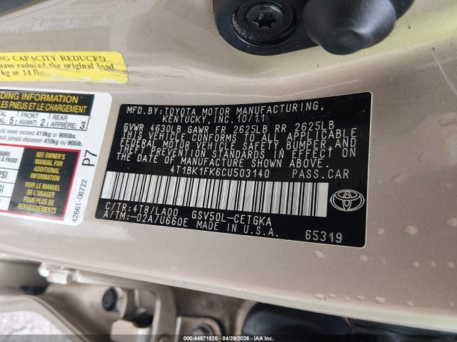 Aukcja sprzedaży 2012 Toyota Camry Xle V6, vin: 4T1BK1FK6CU503140, numer aukcji: 44971820