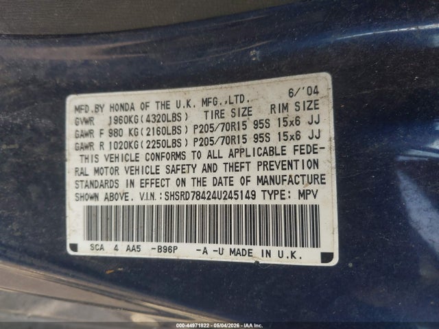 Aukcja sprzedaży 2004 Honda Cr-v Lx, vin: SHSRD78424U245149, numer aukcji: 44971822