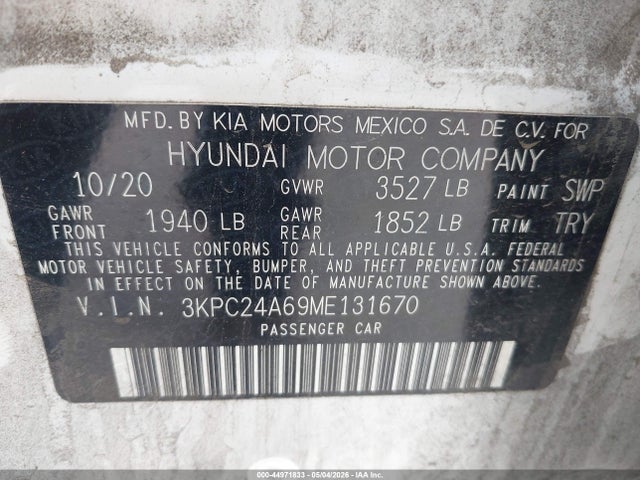Aukcja sprzedaży 2021 Hyundai Accent Se, vin: 3KPC24A69ME131670, numer aukcji: 44971833