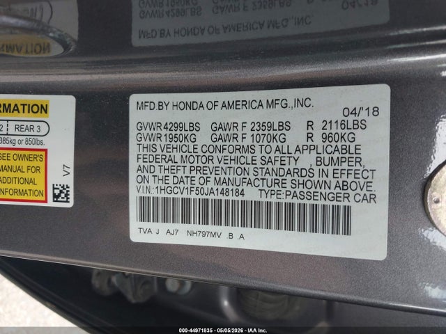 Продаж на аукціоні авто 2018 Honda Accord Ex-l, vin: 1HGCV1F50JA148184, номер лоту: 44971835