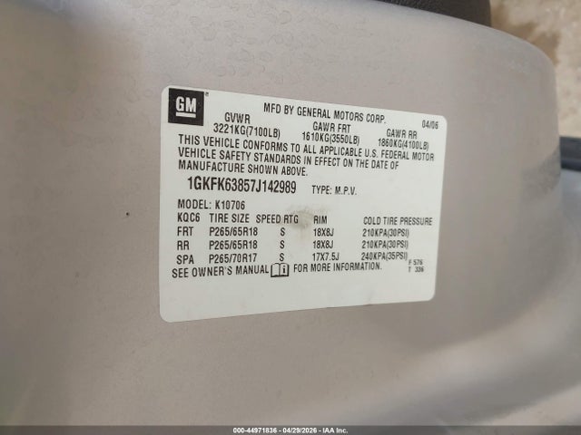Aukcja sprzedaży 2007 Gmc Yukon Denali, vin: 1GKFK63857J142989, numer aukcji: 44971836