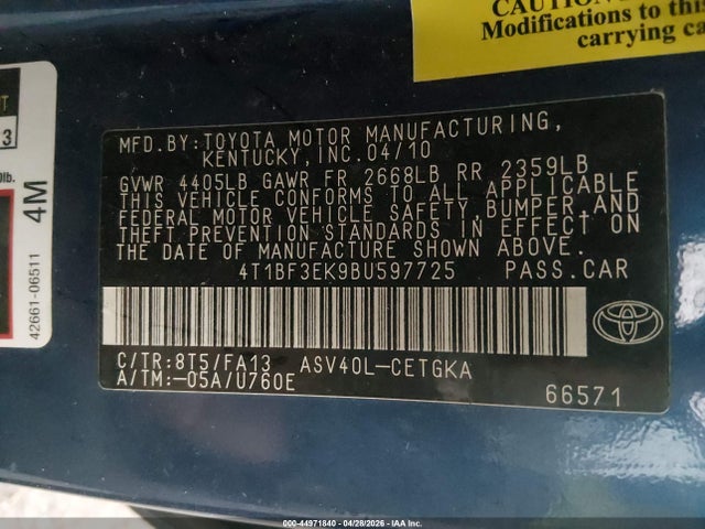 2011 Toyota Camry Xle მანქანა იყიდება აუქციონზე, vin: 4T1BF3EK9BU597725, აუქციონის ნომერი: 44971840