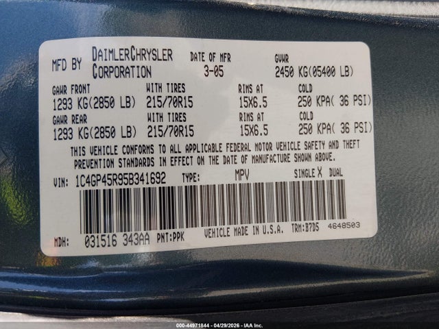 44971844 :رقم المزاد ، 1C4GP45R95B341692 vin ، 2005 Chrysler Town & Country مزاد بيع
