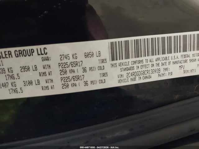 44971850 :رقم المزاد ، 2C4RDGDG8CR132039 vin ، 2012 Dodge Grand Caravan Crew مزاد بيع