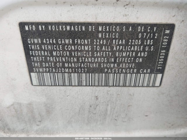 44971856 :رقم المزاد ، 3VWPP7AJ2DM611027 vin ، 2013 Volkswagen Jetta Sportwagen 2.5l S مزاد بيع
