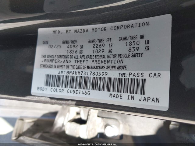 2025 Mazda Mazda3 2.5 S Select Sport მანქანა იყიდება აუქციონზე, vin: JM1BPAKM7S1780599, აუქციონის ნომერი: 44971872