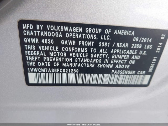 2015 Volkswagen Passat 3.6l V6 Sel Premium მანქანა იყიდება აუქციონზე, vin: 1VWCM7A35FC021269, აუქციონის ნომერი: 44971878