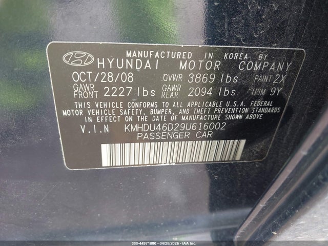 Aukcja sprzedaży 2009 Hyundai Elantra Gls, vin: KMHDU46D29U616002, numer aukcji: 44971880