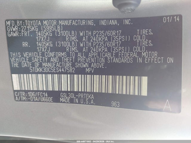 44971882 :رقم المزاد ، 5TDKK3DC5ES447582 vin ، 2014 Toyota Sienna Le V6 8 Passenger مزاد بيع