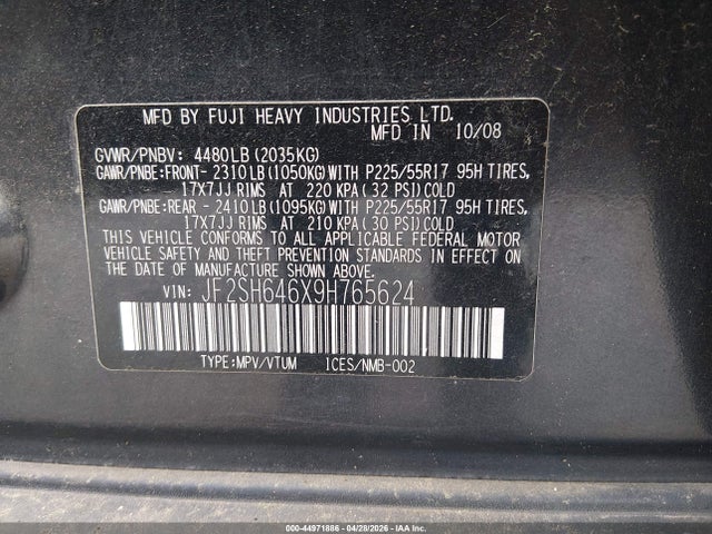 44971886 :رقم المزاد ، JF2SH646X9H765624 vin ، 2009 Subaru Forester 2.5x Limited مزاد بيع