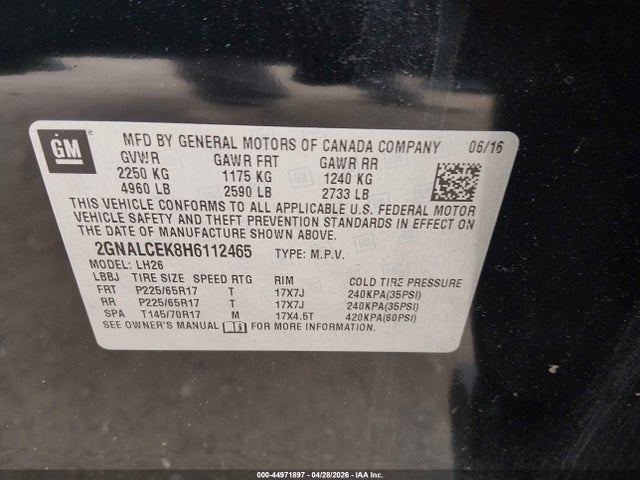 Продажа на аукционе авто 2017 Chevrolet Equinox Lt, vin: 2GNALCEK8H6112465, номер лота: 44971897