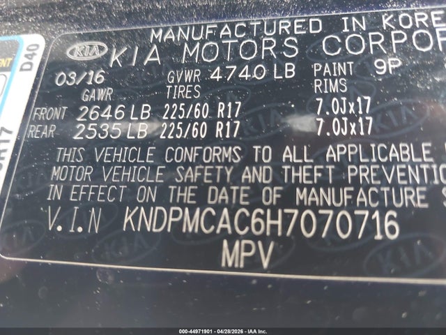 Продажа на аукционе авто 2017 Kia Sportage Lx, vin: KNDPMCAC6H7070716, номер лота: 44971901