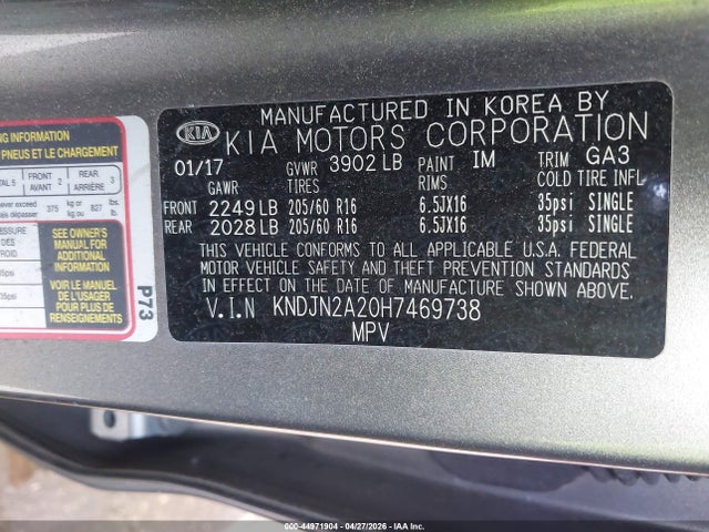 Aukcja sprzedaży 2017 Kia Soul, vin: KNDJN2A20H7469738, numer aukcji: 44971904