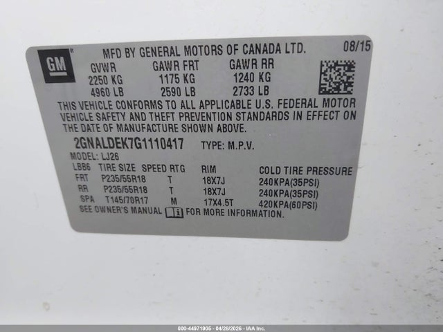 Продаж на аукціоні авто 2016 Chevrolet Equinox Ltz, vin: 2GNALDEK7G1110417, номер лоту: 44971905