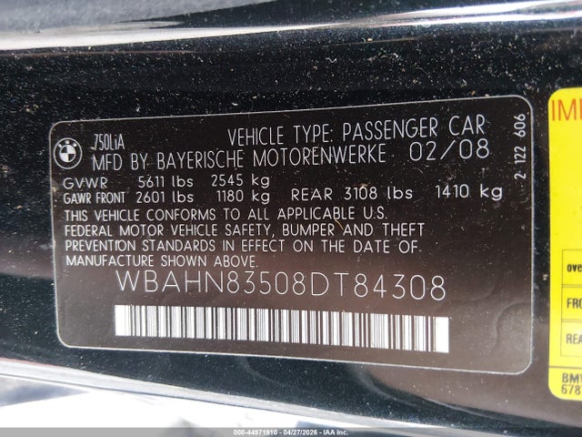 Продаж на аукціоні авто 2008 Bmw 750li, vin: WBAHN83508DT84308, номер лоту: 44971910