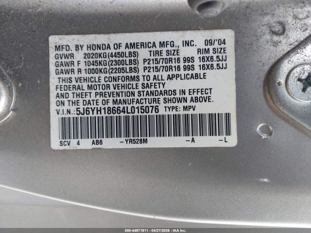 2004 Honda Element Ex მანქანა იყიდება აუქციონზე, vin: 5J6YH18664L015076, აუქციონის ნომერი: 44971911