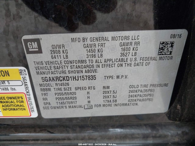 44971933 :رقم المزاد ، 5GAKRCKD1HJ157835 vin ، 2017 Buick Enclave Premium مزاد بيع