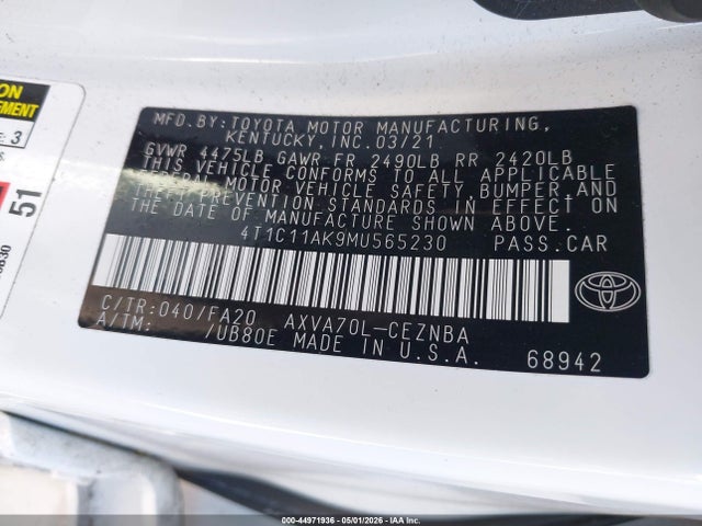 2021 Toyota Camry Le მანქანა იყიდება აუქციონზე, vin: 4T1C11AK9MU565230, აუქციონის ნომერი: 44971936