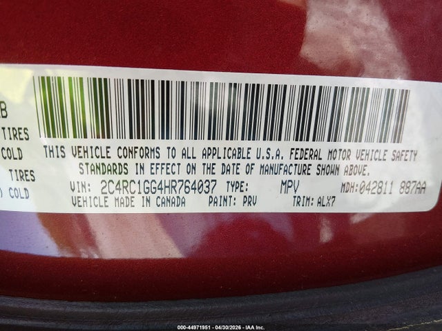 44971951 :رقم المزاد ، 2C4RC1GG4HR764037 vin ، 2017 Chrysler Pacifica Limited مزاد بيع