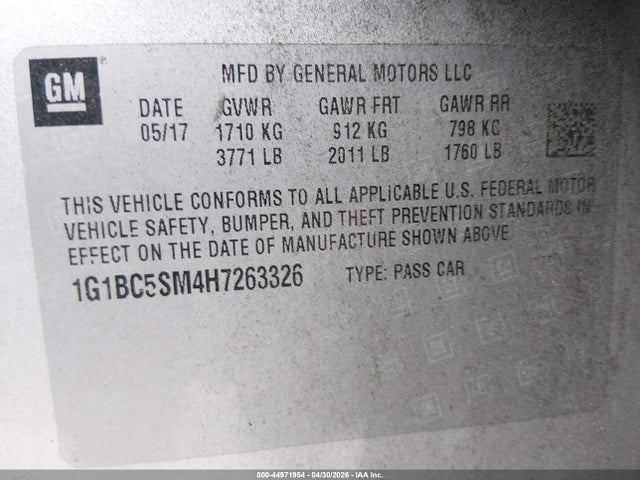 Продажа на аукционе авто 2017 Chevrolet Cruze Ls Auto, vin: 1G1BC5SM4H7263326, номер лота: 44971954