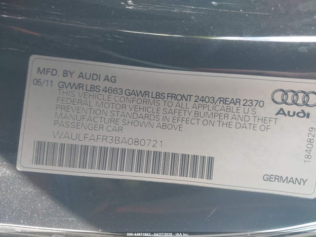2011 Audi A5 2.0t Premium მანქანა იყიდება აუქციონზე, vin: WAULFAFR3BA080721, აუქციონის ნომერი: 44971963