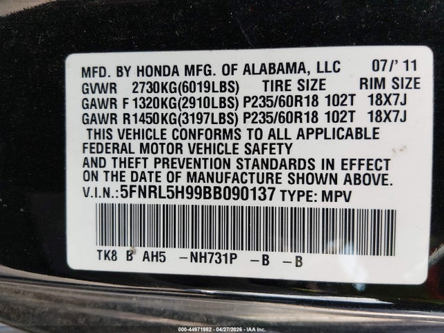 44971982 :رقم المزاد ، 5FNRL5H99BB090137 vin ، 2011 Honda Odyssey Touring/touring Elite مزاد بيع