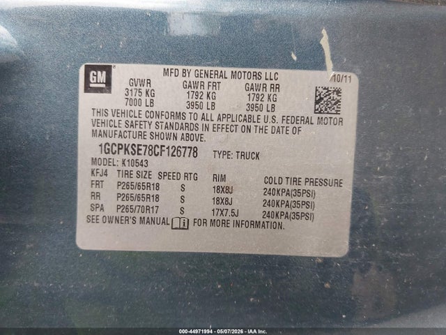 Продаж на аукціоні авто 2012 Chevrolet Silverado 1500 Lt, vin: 1GCPKSE78CF126778, номер лоту: 44971994