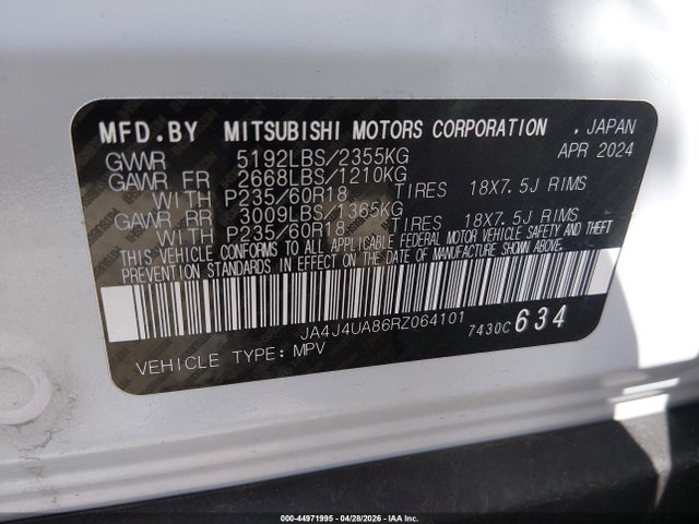 Aukcja sprzedaży 2024 Mitsubishi Outlander Es 2.5 S-awc, vin: JA4J4UA86RZ064101, numer aukcji: 44971995
