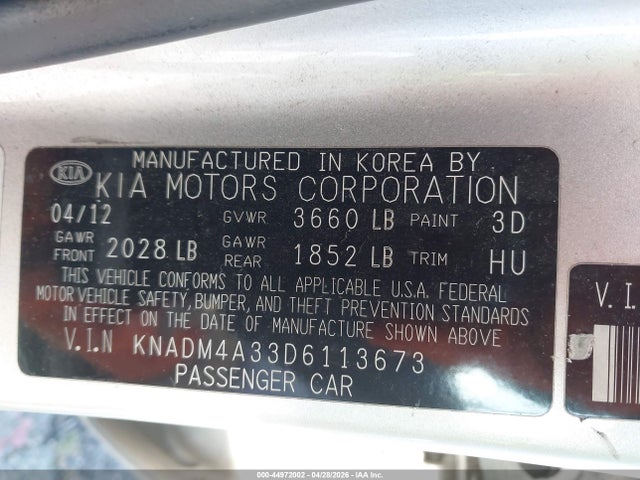Aukcja sprzedaży 2013 Kia Rio Lx, vin: KNADM4A33D6113673, numer aukcji: 44972002