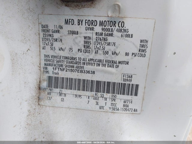 Продаж на аукціоні авто 2007 Ford F-250 Xl/xlt, vin: 1FTNF21507EB33638, номер лоту: 44972005