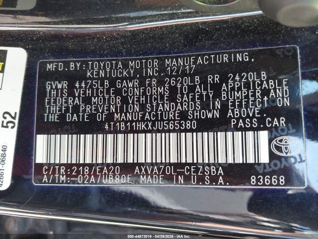 44972019 :رقم المزاد ، 4T1B11HKXJU565380 vin ، 2018 Toyota Camry Se مزاد بيع