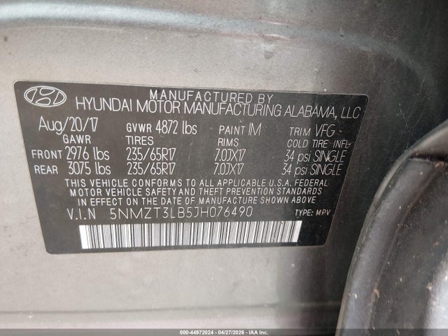 44972024 :رقم المزاد ، 5NMZT3LB5JH076490 vin ، 2018 Hyundai Santa Fe Sport 2.4l مزاد بيع