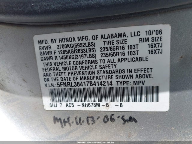 44972044 :رقم المزاد ، 5FNRL38417B414214 vin ، 2007 Honda Odyssey Ex مزاد بيع