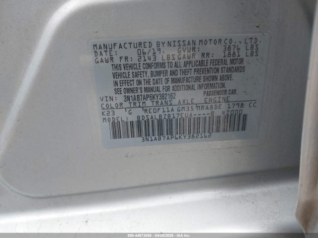 44972058 :رقم المزاد ، 3N1AB7AP6KY382162 vin ، 2019 Nissan Sentra S مزاد بيع