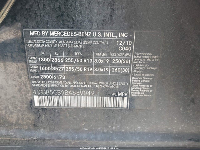 44972064 :رقم المزاد ، 4JGBB5GB9BA689049 vin ، 2011 Mercedes-benz Ml 350 مزاد بيع