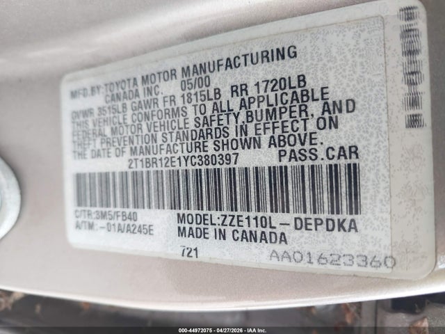 Продажа на аукционе авто 2000 Toyota Corolla Ce, vin: 2T1BR12E1YC380397, номер лота: 44972075
