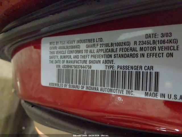 2003 Subaru Outback მანქანა იყიდება აუქციონზე, vin: 4S3BH675037644759, აუქციონის ნომერი: 44972089