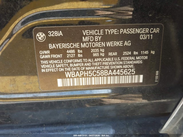 2011 Bmw 328i მანქანა იყიდება აუქციონზე, vin: WBAPH5C58BA445625, აუქციონის ნომერი: 44972131