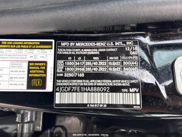 Продаж на аукціоні авто 2017 Mercedes-benz Amg Gls 63 4matic, vin: 4JGDF7FE1HA888092, номер лоту: 44972136