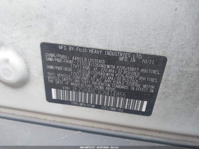 44972137 :رقم المزاد ، JF2SHAHC3CH414855 vin ، 2012 Subaru Forester 2.5x Touring مزاد بيع