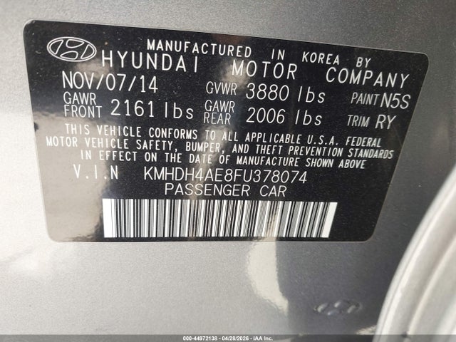 KMHDH4AE8FU378074 Hyundai Elantra Limited