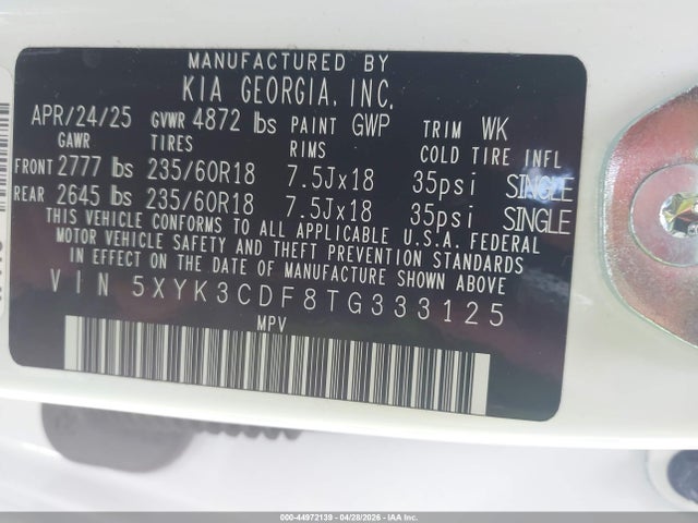 Aukcja sprzedaży 2026 Kia Sportage Ex, vin: 5XYK3CDF8TG333125, numer aukcji: 44972139